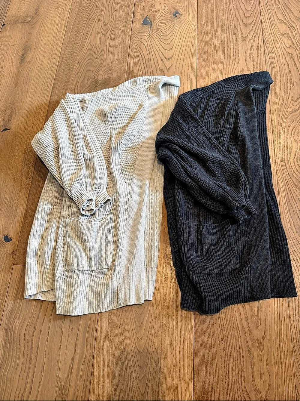 Open Front Ribbed Knit Cardigan with Pockets Set Charcoal & Cream
